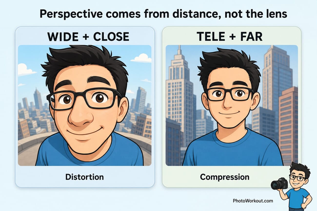 Diagram comparing a wide-and-close portrait with distortion versus a telephoto-and-far portrait with compression