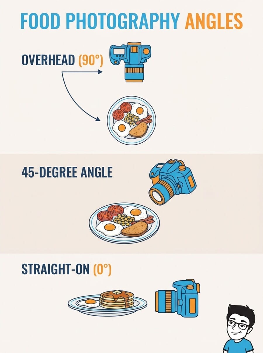 Infographic showing three food photography angles: overhead 90 degrees, 45-degree angle, and straight-on 0 degrees