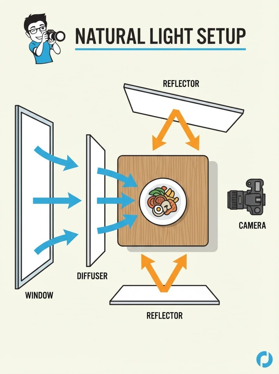 Infographic showing natural light setup for food photography with window, diffuser, reflector and camera positions