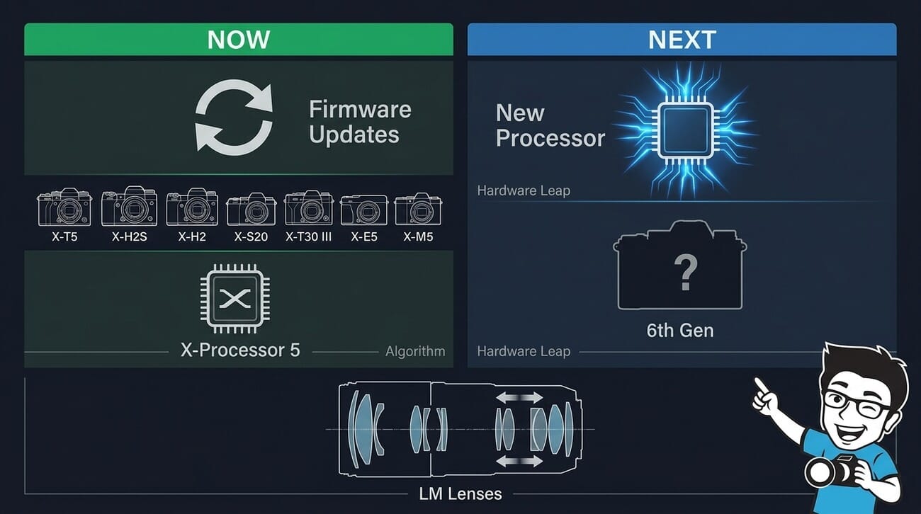 Infographic showing Fujifilm dual autofocus improvement strategy: firmware updates for current X-Processor 5 cameras (X-T5, X-H2S, X-H2, X-S20, X-E5, X-M5) and a new 6th-gen processor for future models, plus LM lens motor improvements