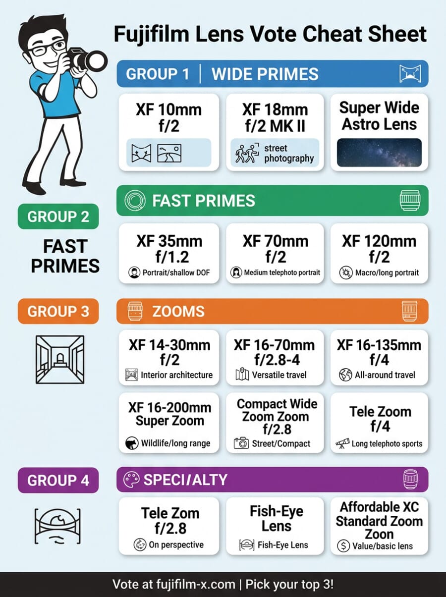 Fujifilm Lens Vote 2026 Cheat Sheet — all 14 lens candidates organized by category