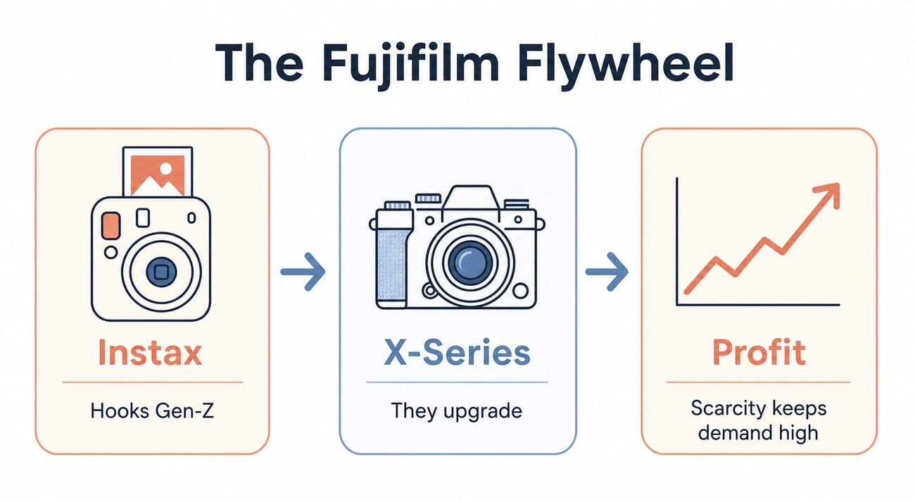 Infographic: the Fujifilm flywheel — Instax hooks Gen-Z, who upgrade to the X-Series, and scarcity keeps demand and profit high