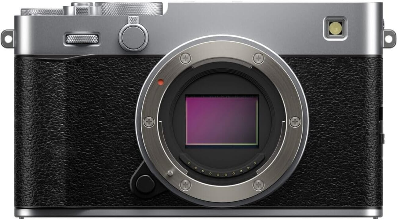 Fujifilm X-E5 top plate showing Film Simulation dial and controls