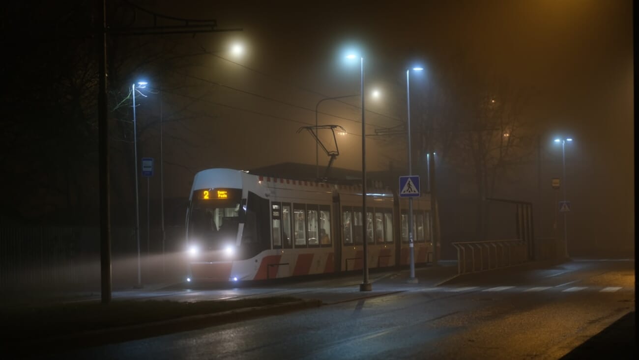 Fog-shrouded tram at night with neon light beams cutting through mist, shot on Fujifilm X-T30