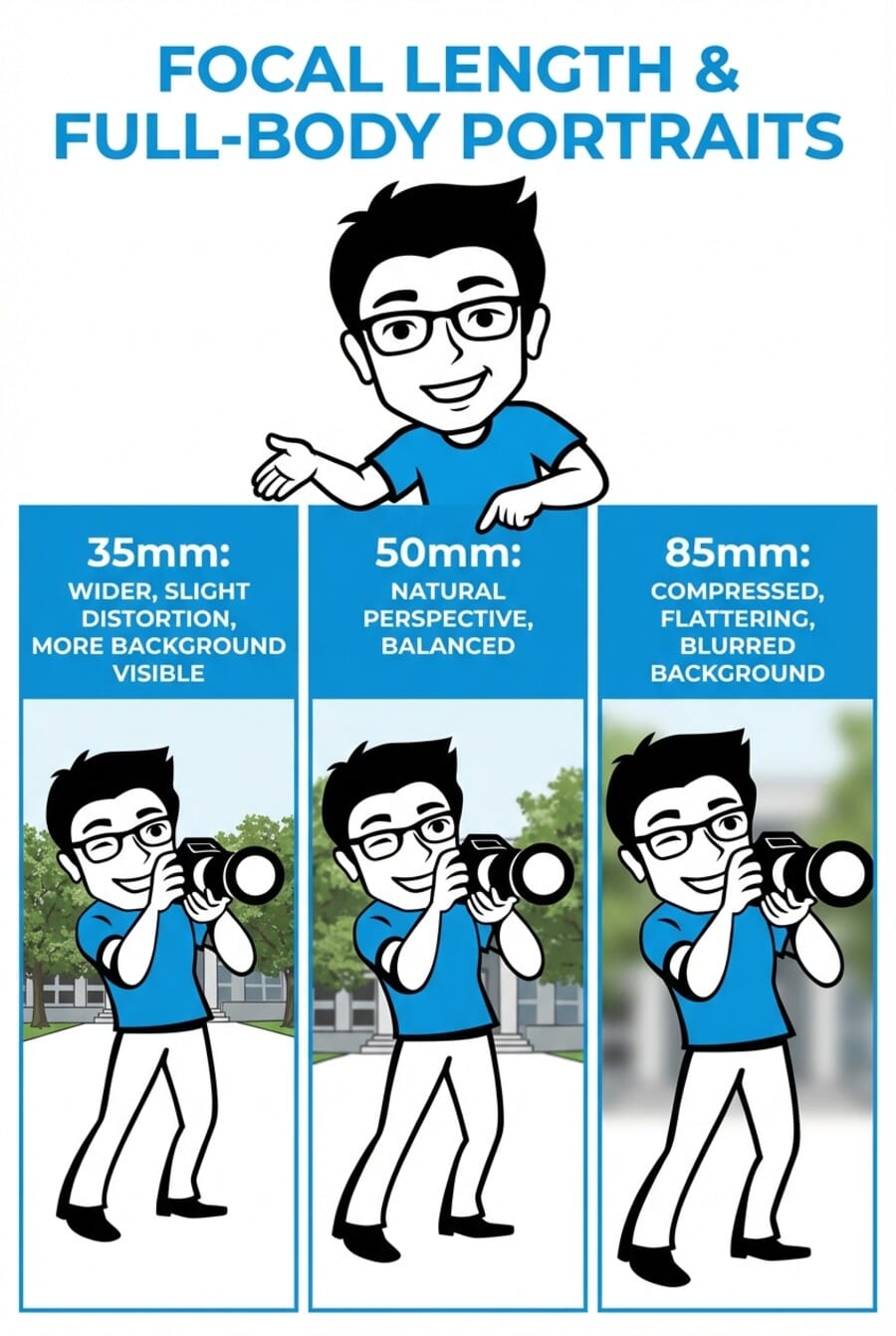 Focal length comparison for full-body portraits showing 35mm vs 50mm vs 85mm