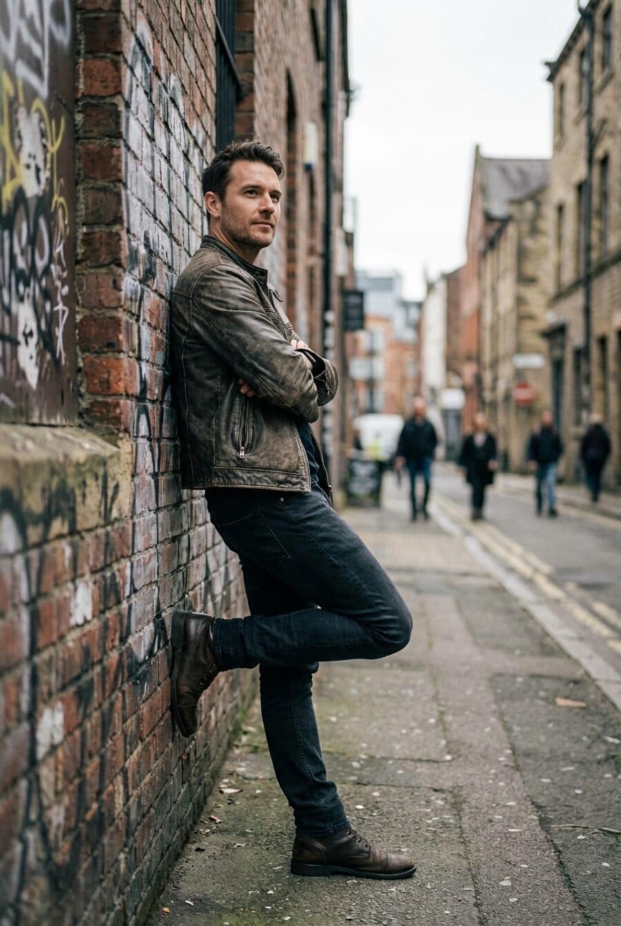 Full body portrait of man leaning against brick wall in leather jacket