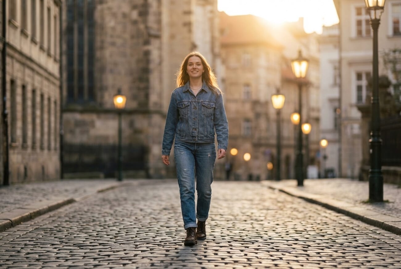 Full body portrait of woman walking on cobblestone street at golden hour