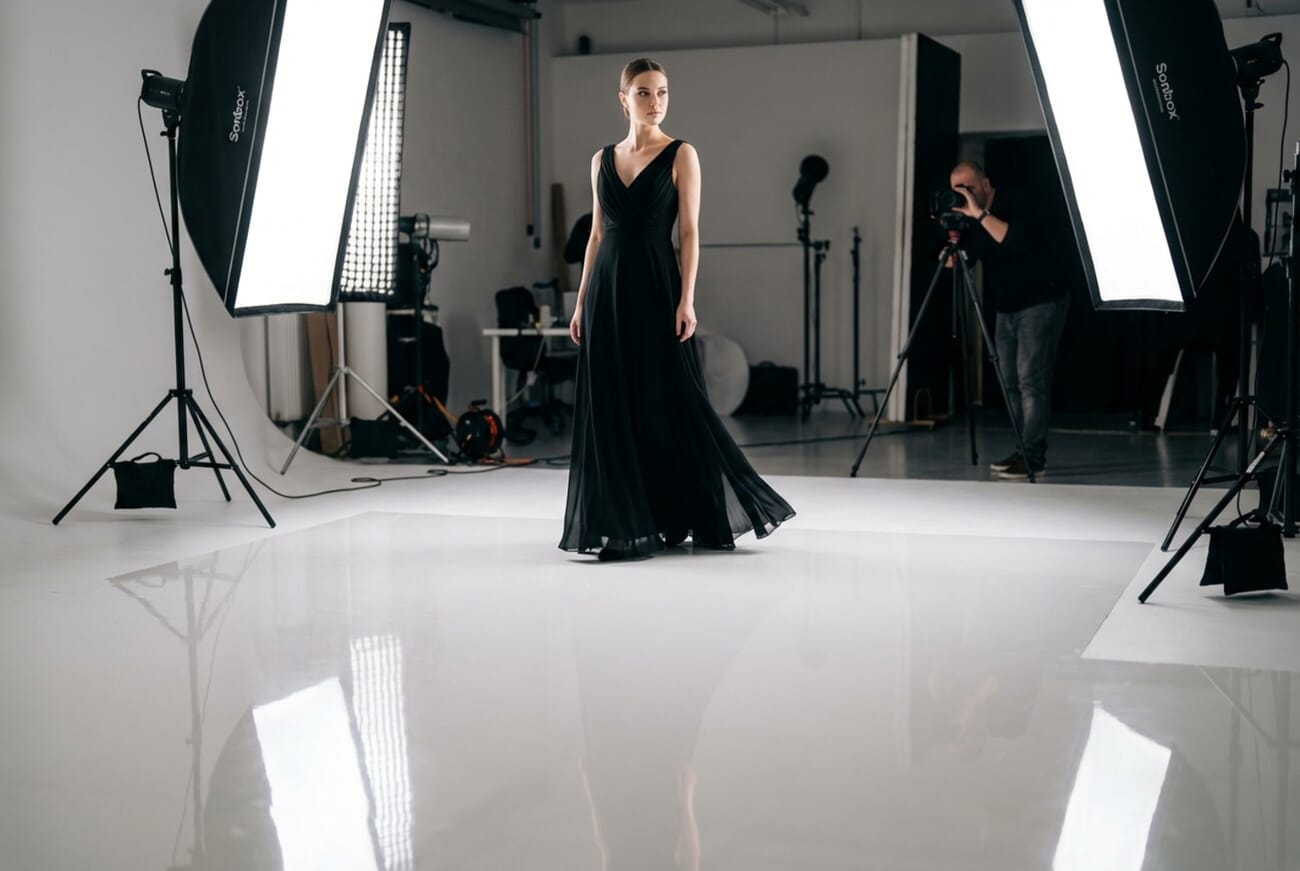 Full body portrait in professional photography studio with softbox lighting