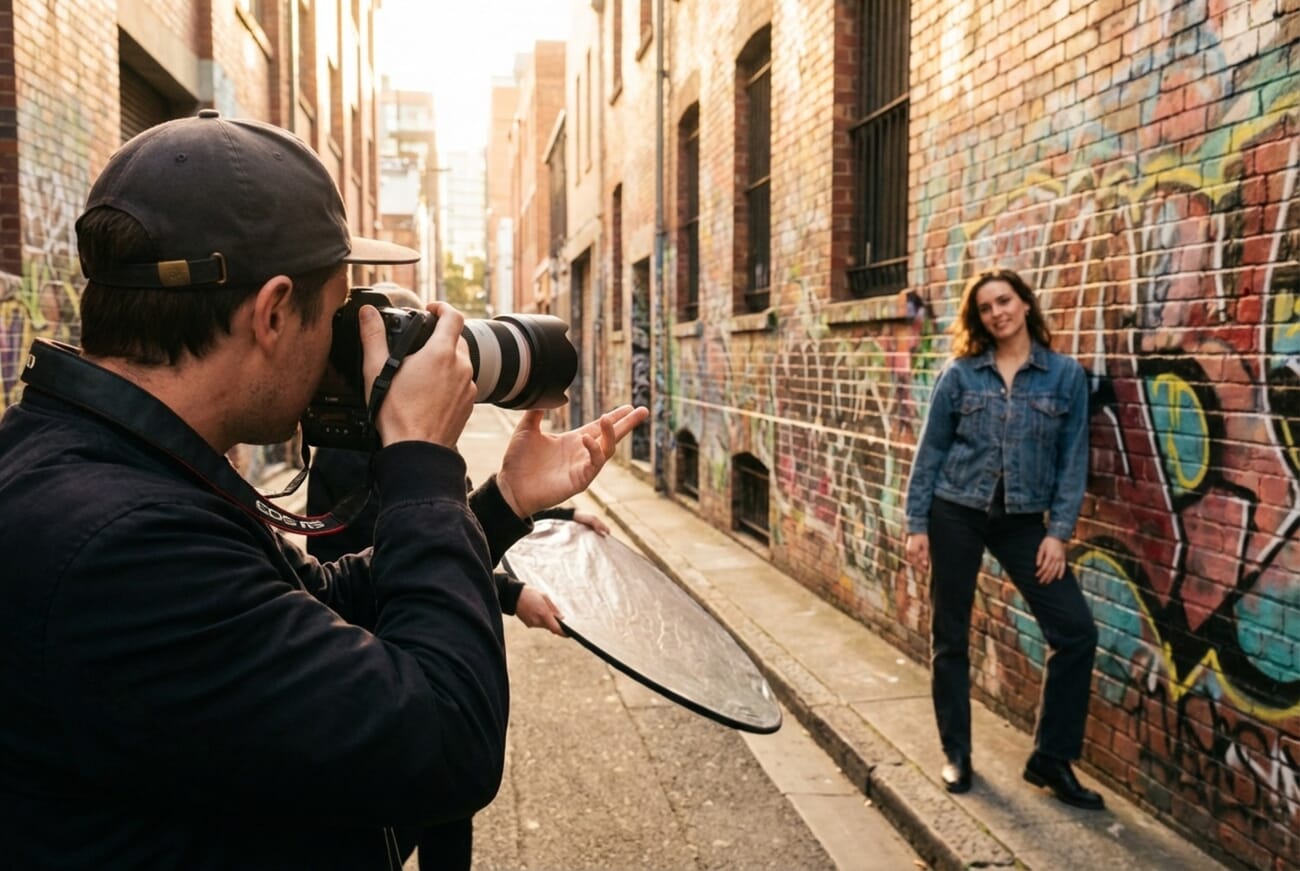 Behind the scenes of a full-body portrait photography session with photographer directing a model in an urban setting