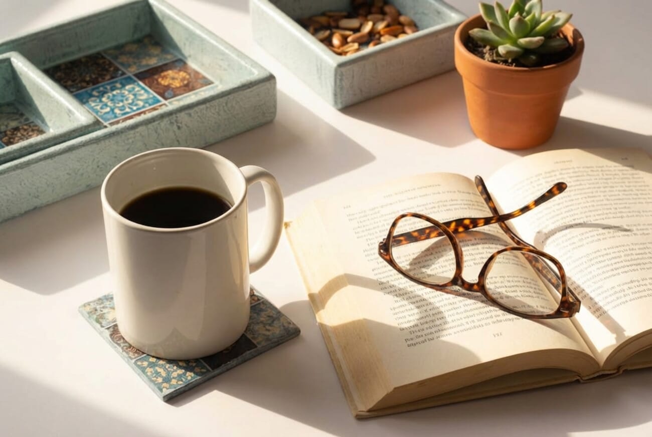 The coffee cup now placed in a cozy morning scene with books and warm sunlight by Gemini AI