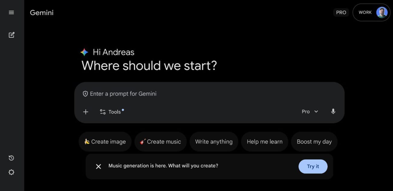Google Gemini web interface showing the Pro model selected in the dropdown menu