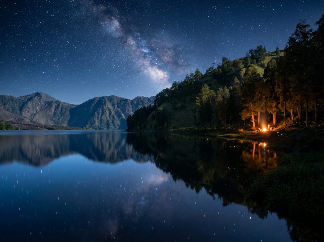 The same lake scene transformed to a starry night with Milky Way by Gemini AI
