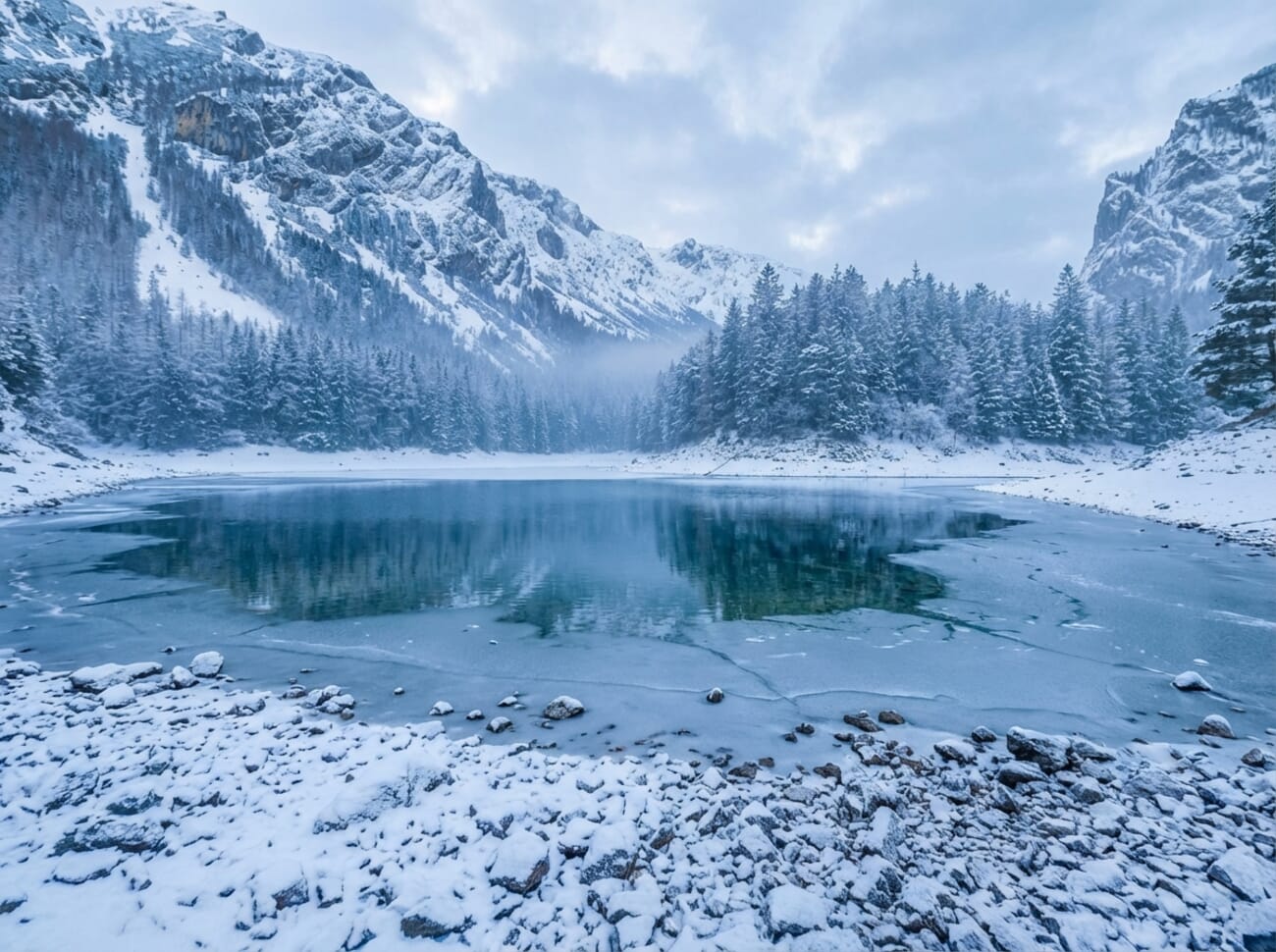 The same mountain lake transformed to a snowy winter scene by Gemini AI