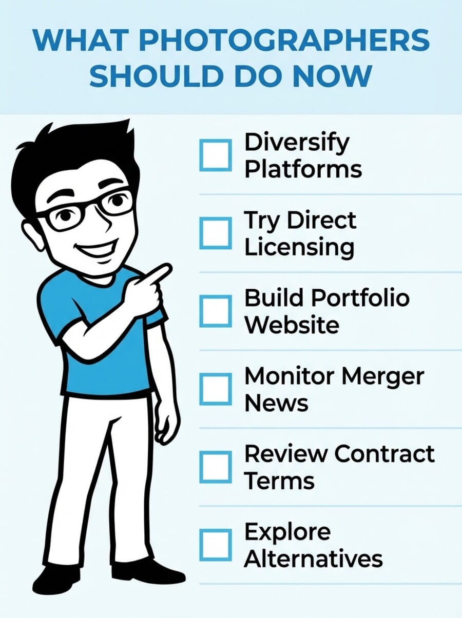 Infographic checklist showing what photographers should do in response to the Getty-Shutterstock merger
