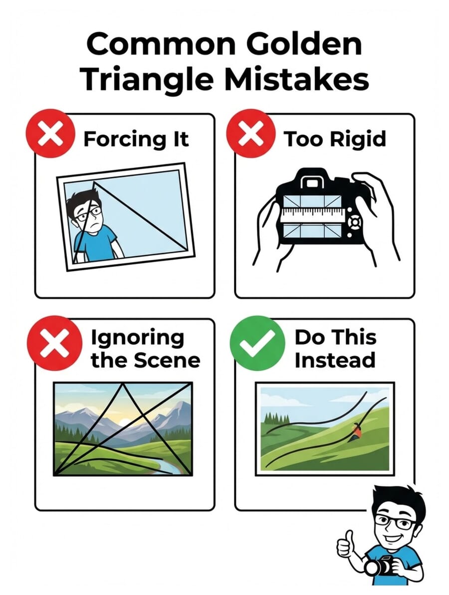 Infographic showing four common golden triangle composition mistakes to avoid
