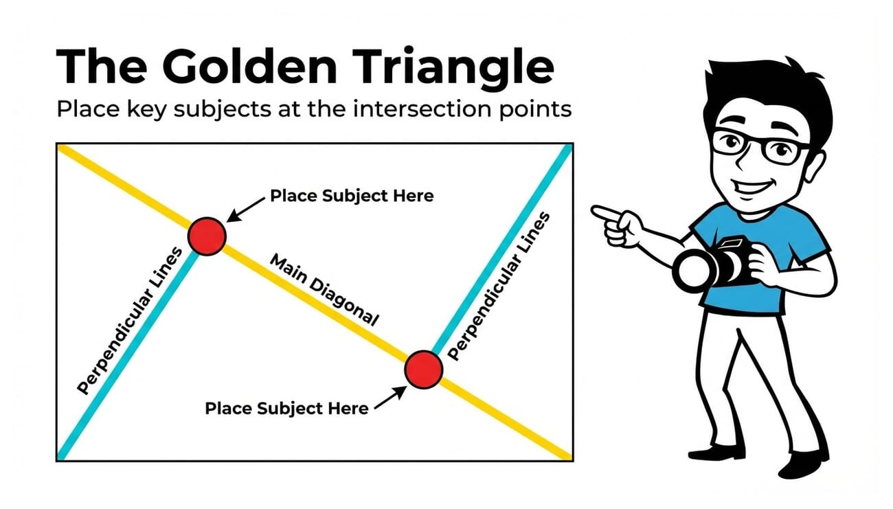 Infographic showing the golden triangle composition overlay with diagonal and perpendicular lines