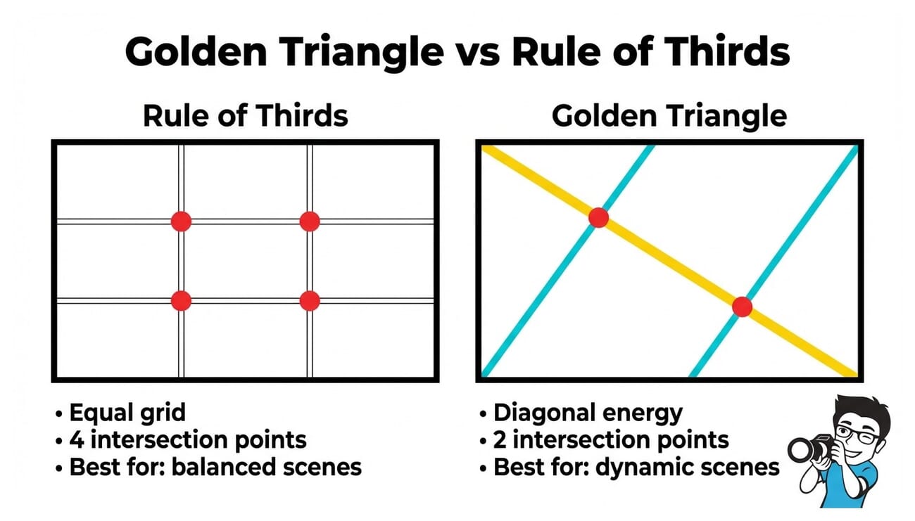 Side-by-side comparison of golden triangle and rule of thirds composition overlays