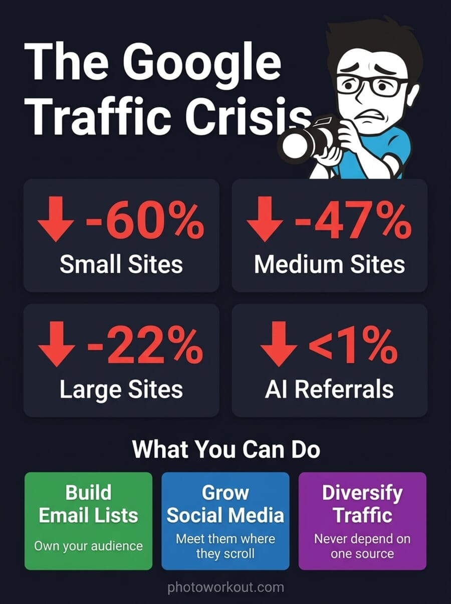 Infographic showing Google Search traffic decline statistics for publishers - small sites down 60 percent, medium sites down 47 percent, large sites down 22 percent, AI referrals less than 1 percent