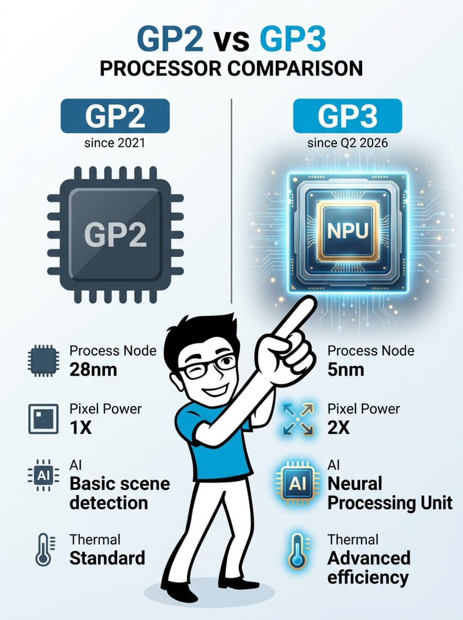 Infographic comparing GoPro GP2 vs GP3 processor specifications including process node, pixel power, AI capabilities, and thermal performance