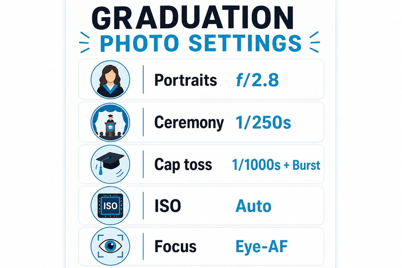 Graduation photography settings cheat sheet - aperture, shutter speed, ISO, drive mode, and focus