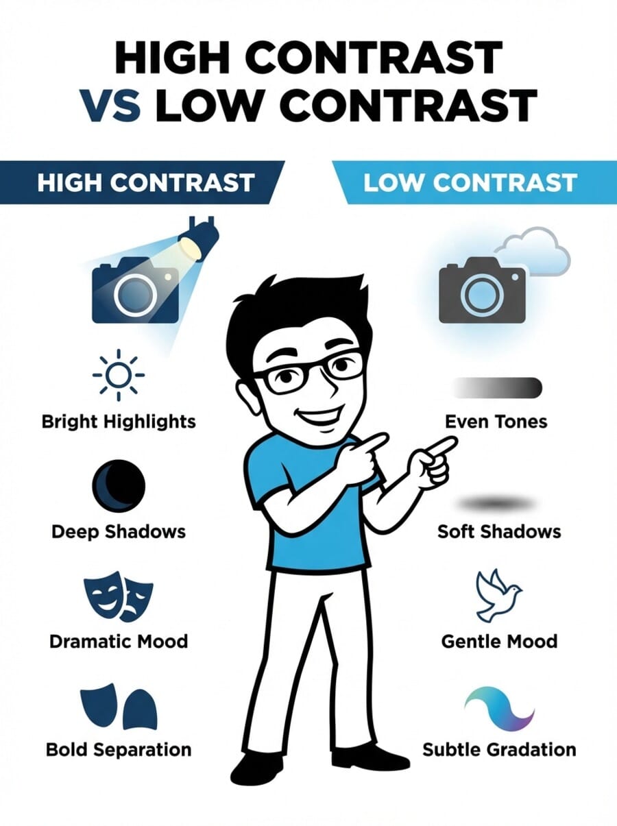 Infographic comparing high contrast and low contrast lighting characteristics