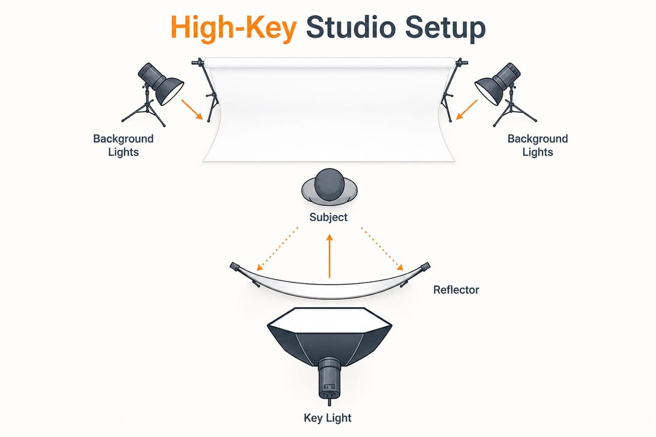 Diagram of a high key studio lighting setup with a key light, two background lights on a white backdrop, subject, and reflector