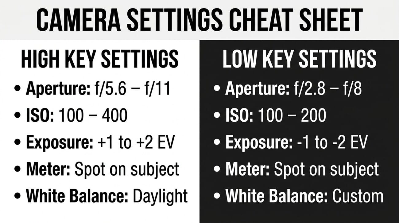 Camera settings cheat sheet comparing high key and low key photography exposure, aperture, ISO, and metering settings