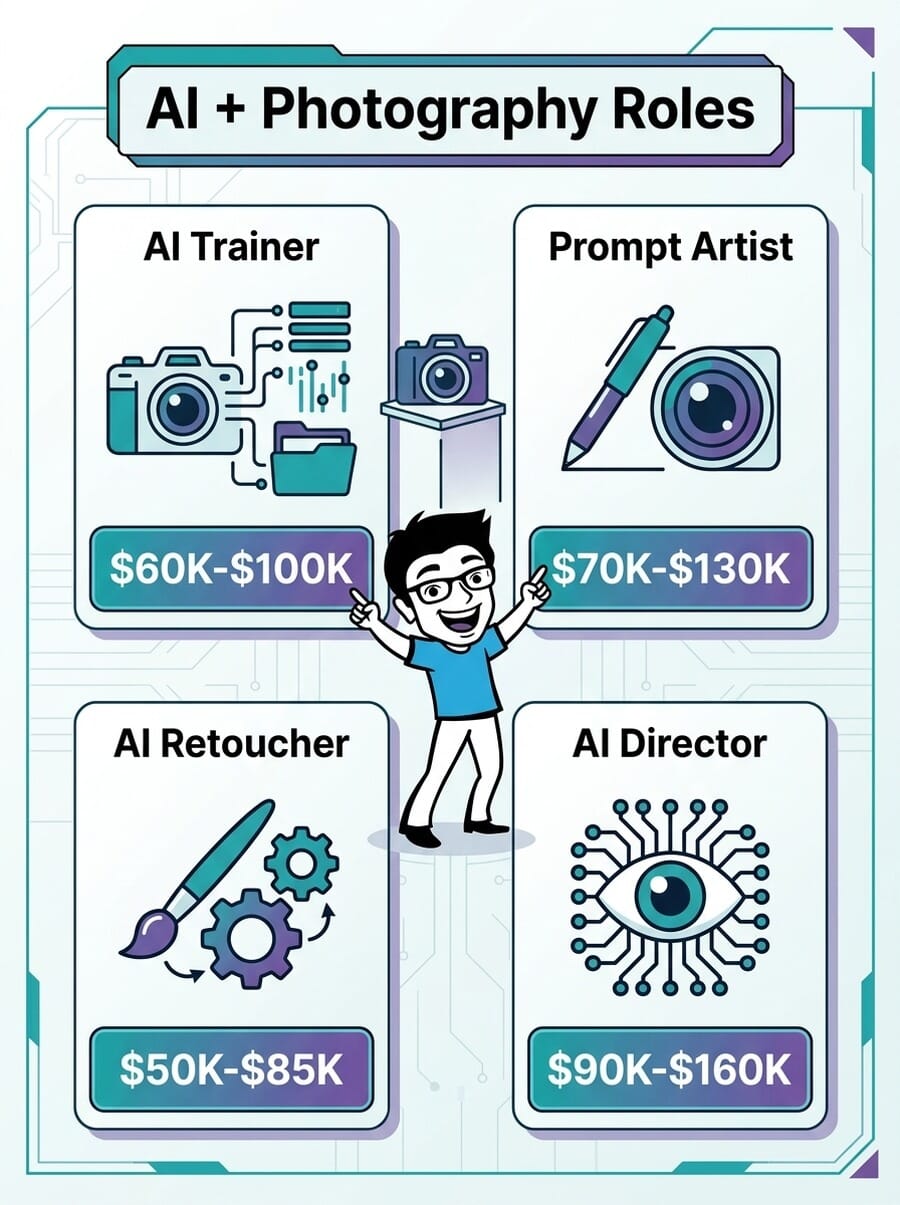 Infographic showing four AI-adjacent photography roles: AI Trainer ($60K-$100K), Prompt Artist ($70K-$130K), AI Retoucher ($50K-$85K), and AI Director ($90K-$160K)