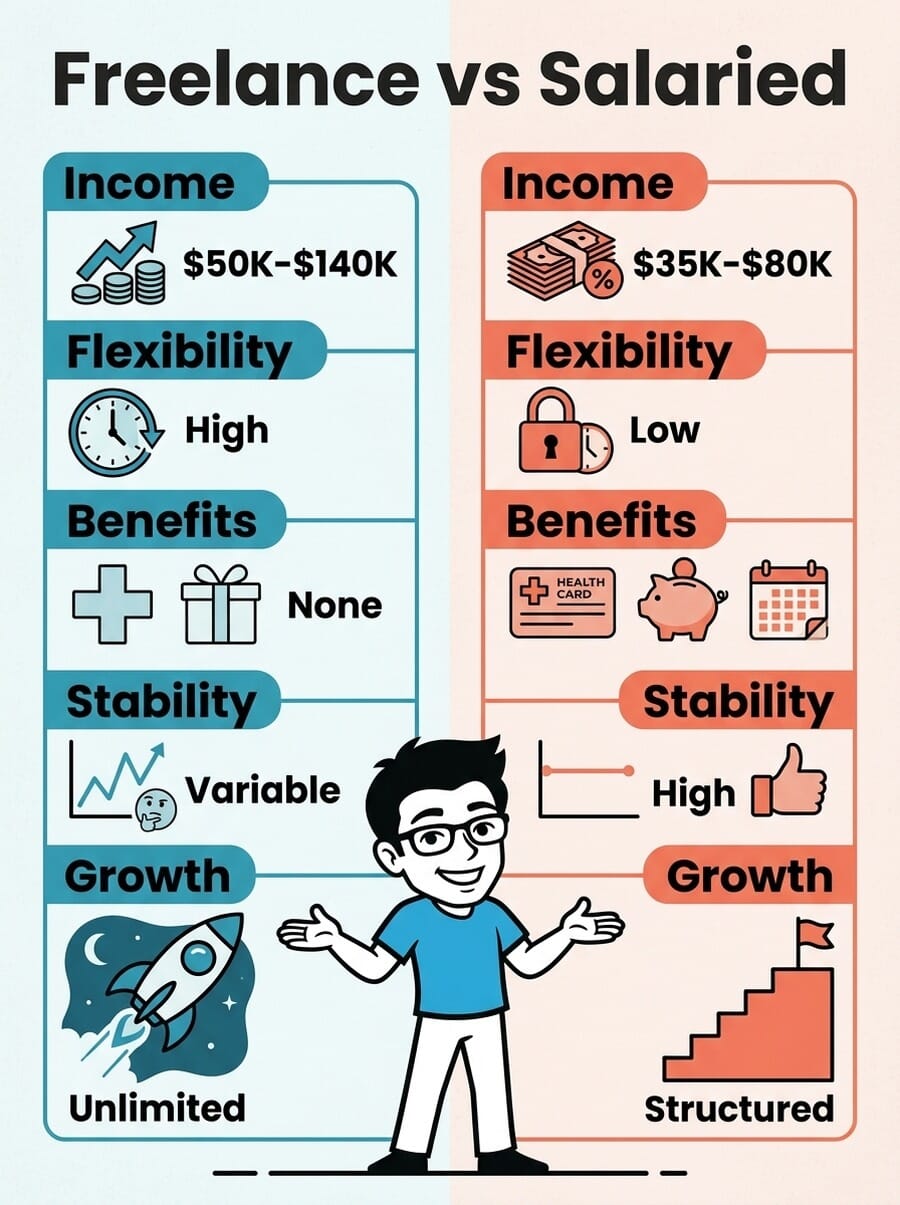 Infographic comparing freelance vs salaried photographer income, flexibility, benefits, stability, and growth potential