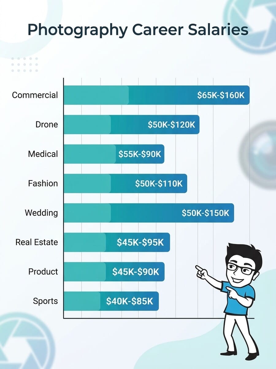Infographic showing photography career salary ranges from sports at $40K-$85K to commercial at $65K-$160K