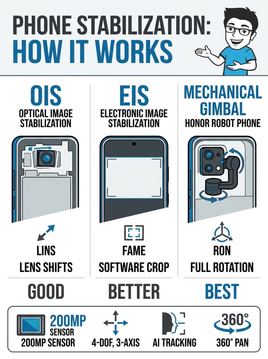 Infographic comparing OIS, EIS, and mechanical gimbal stabilization in smartphones