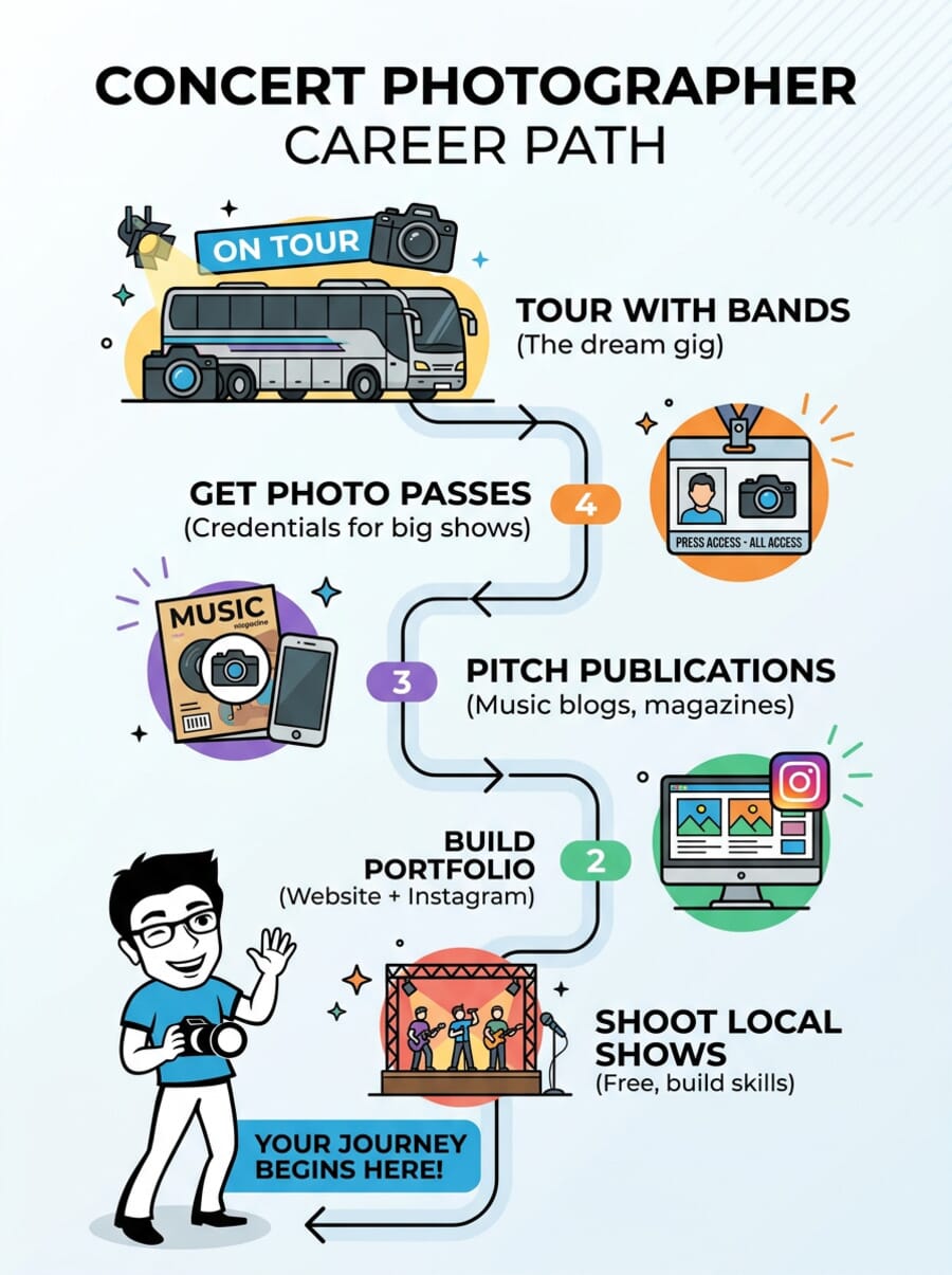 Concert photographer career path infographic from local shows to touring with bands