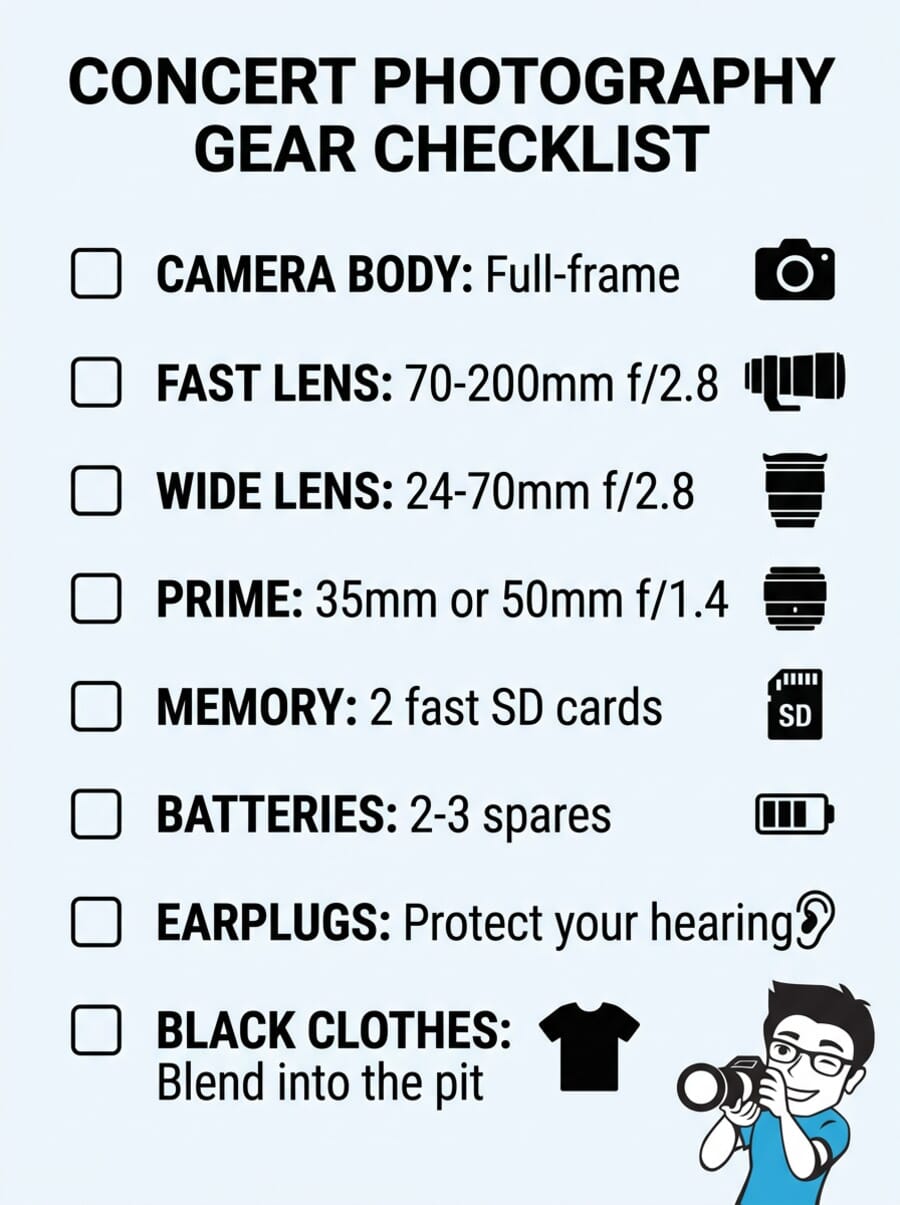 Concert photography gear checklist infographic showing essential equipment