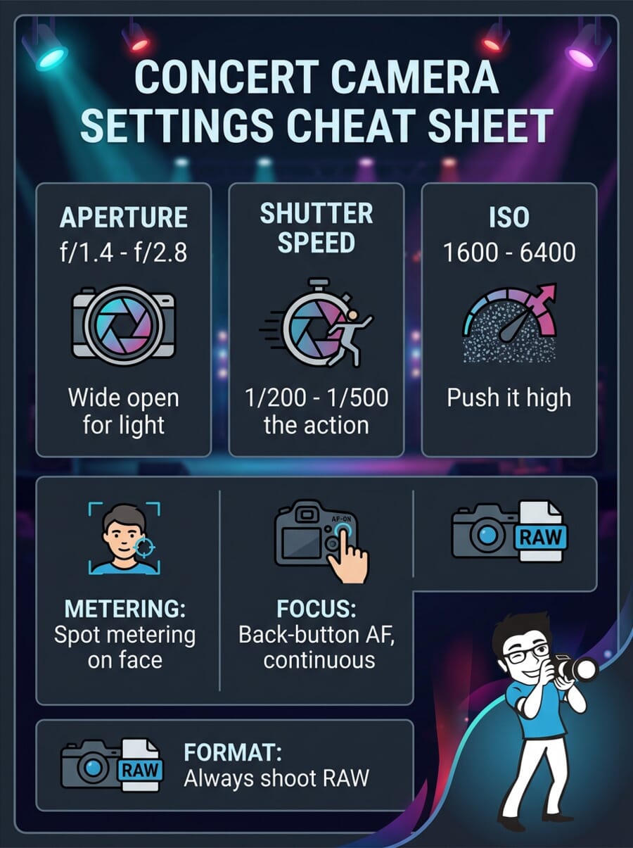 Concert camera settings cheat sheet showing aperture, shutter speed, and ISO recommendations