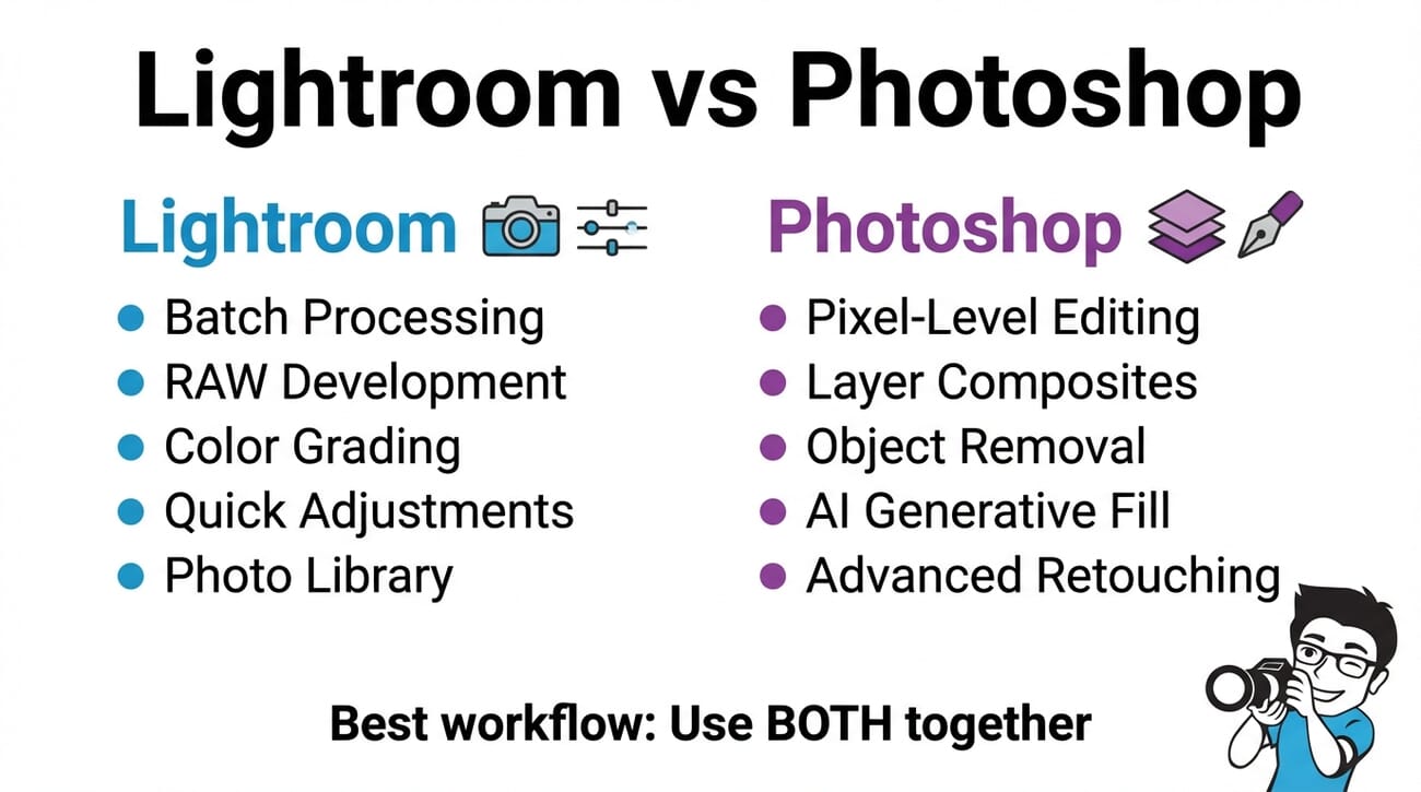 Infographic comparing Lightroom vs Photoshop — Lightroom for batch processing, RAW development, and color grading; Photoshop for pixel-level editing, composites, and AI Generative Fill