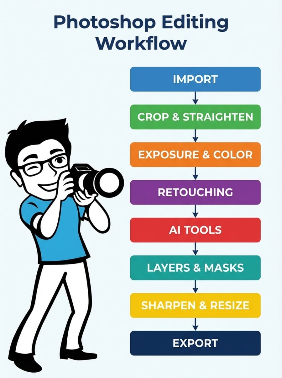 Photoshop editing workflow infographic showing 8 steps from import to export