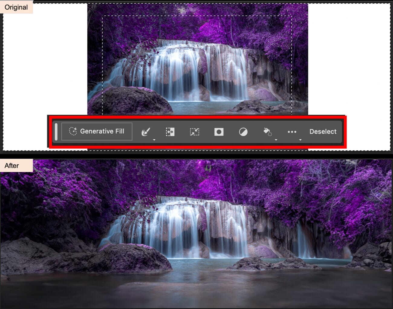 Photoshop Generative Expand extending a waterfall photo beyond its original borders with AI