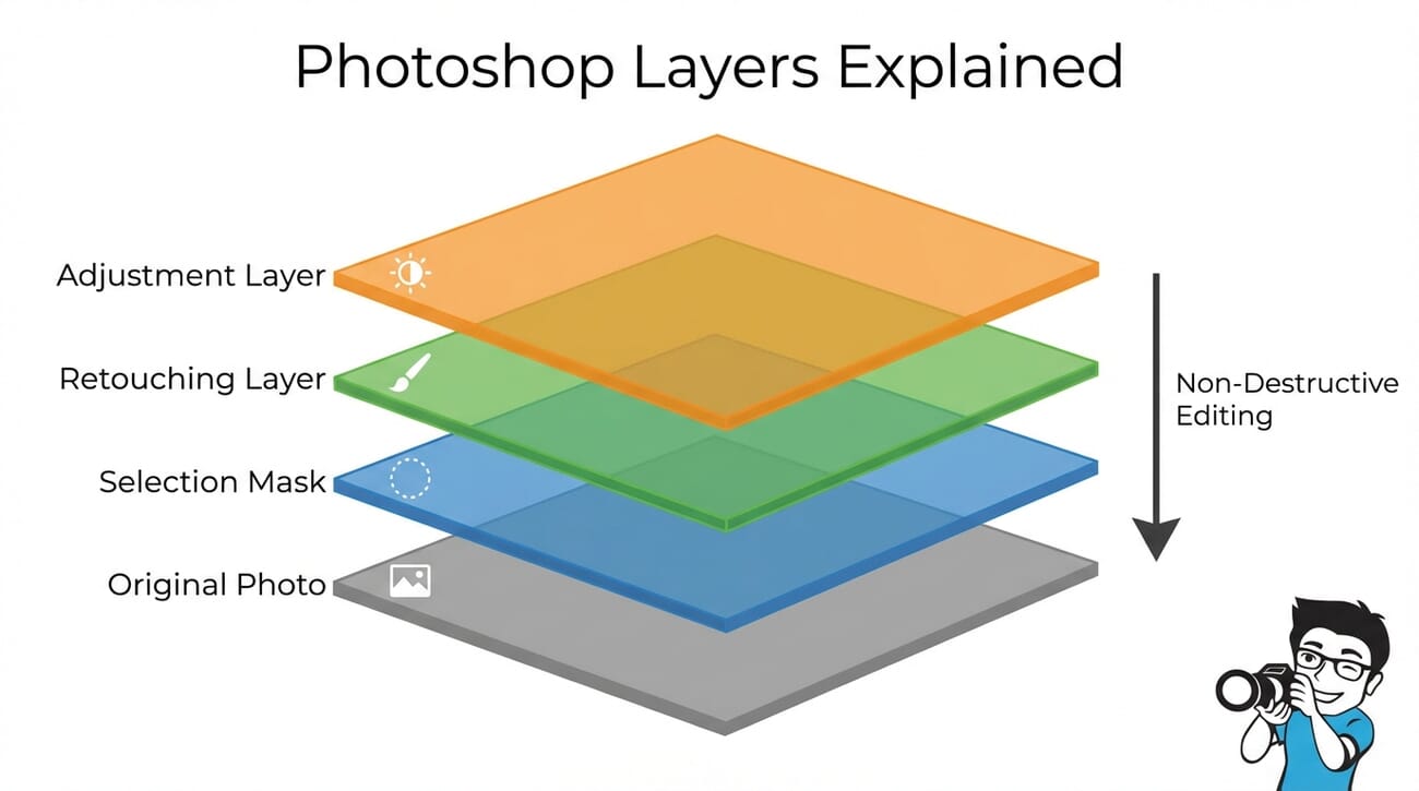 Infographic explaining Photoshop layers — showing adjustment layer, retouching layer, selection mask, and original photo stacked for non-destructive editing