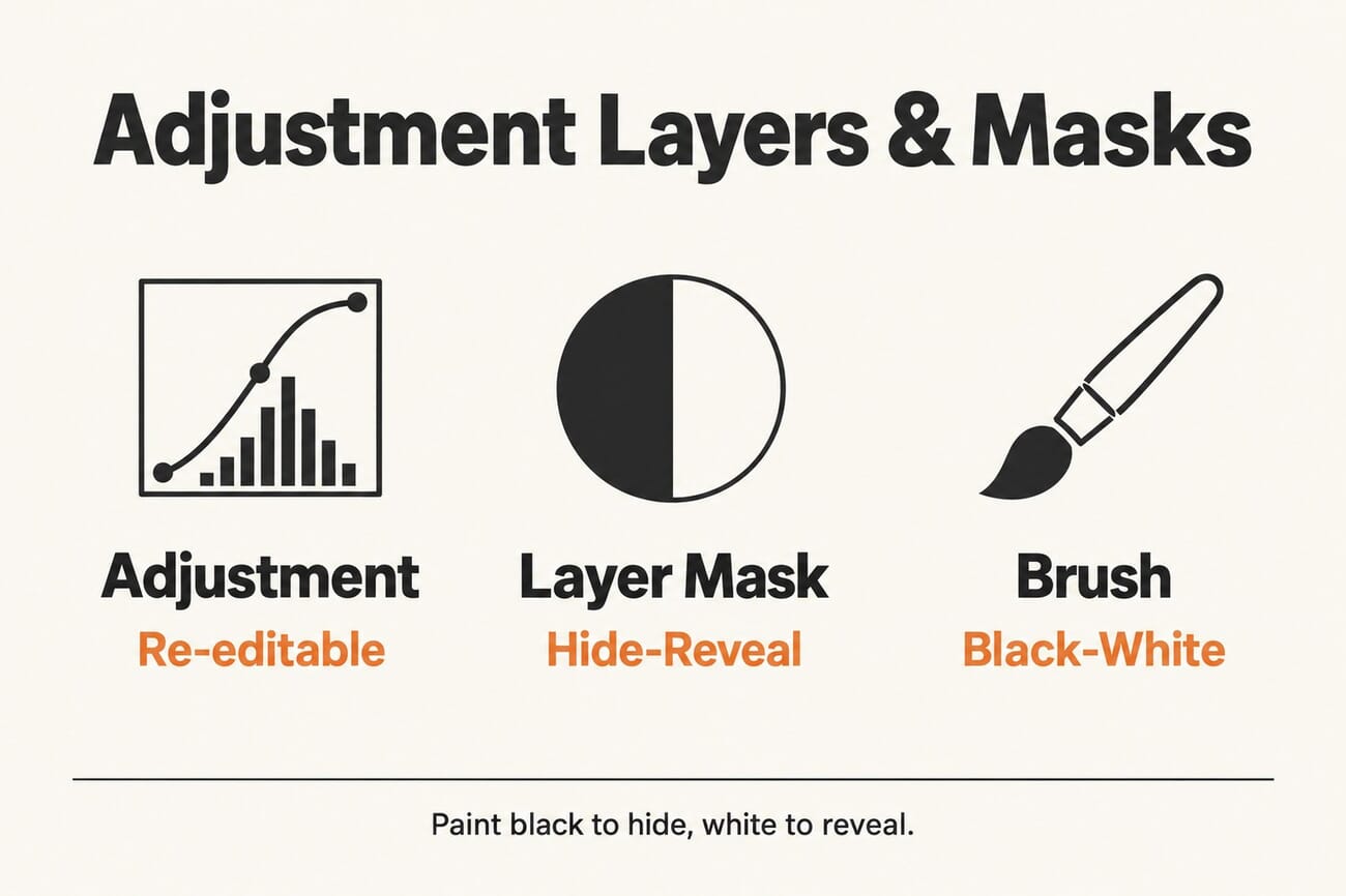 Infographic: adjustment layers stack re-editable edits, a layer mask controls where they apply, painted with a black-and-white brush