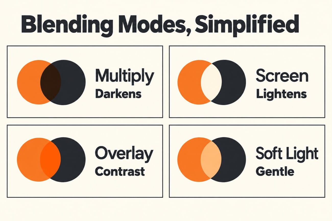 Infographic comparing Photoshop blending modes: Multiply darkens, Screen lightens, Overlay adds contrast, Soft Light is gentle