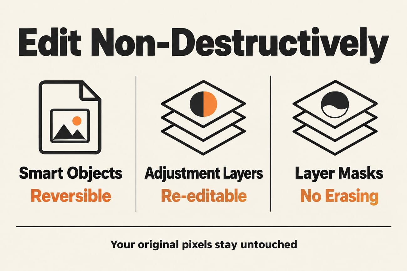 Infographic: edit non-destructively with Smart Objects, adjustment layers, and layer masks so original pixels stay untouched
