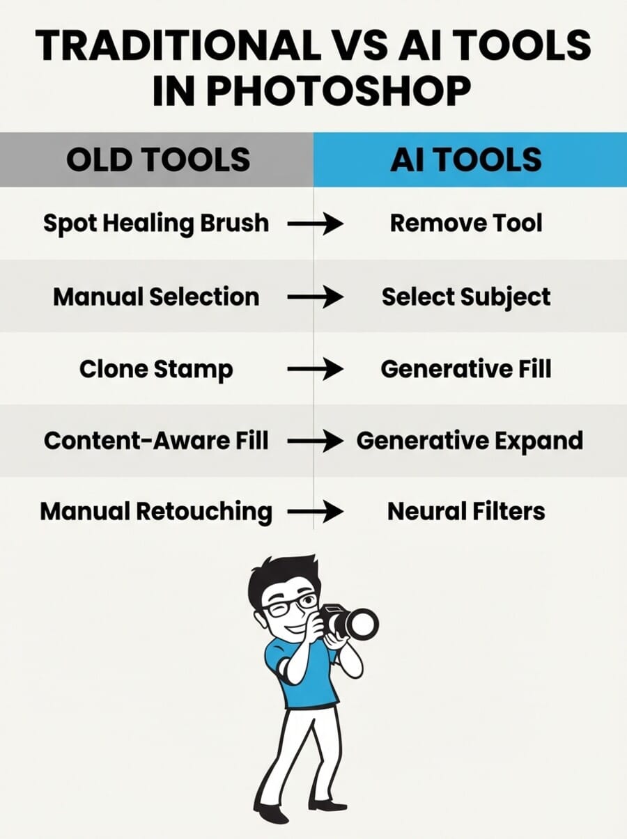 Infographic comparing traditional Photoshop tools with modern AI equivalents