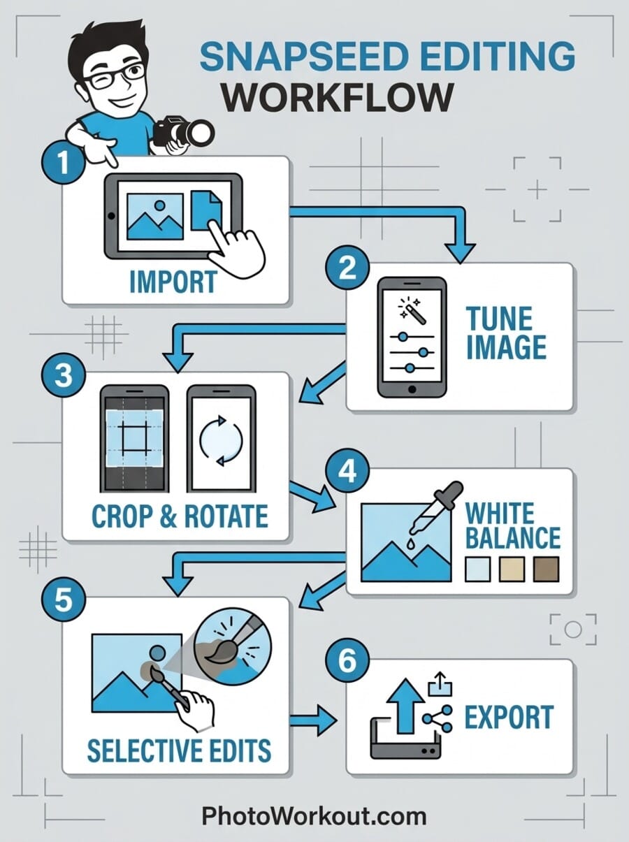 Snapseed editing workflow infographic showing the 6-step process from import to export