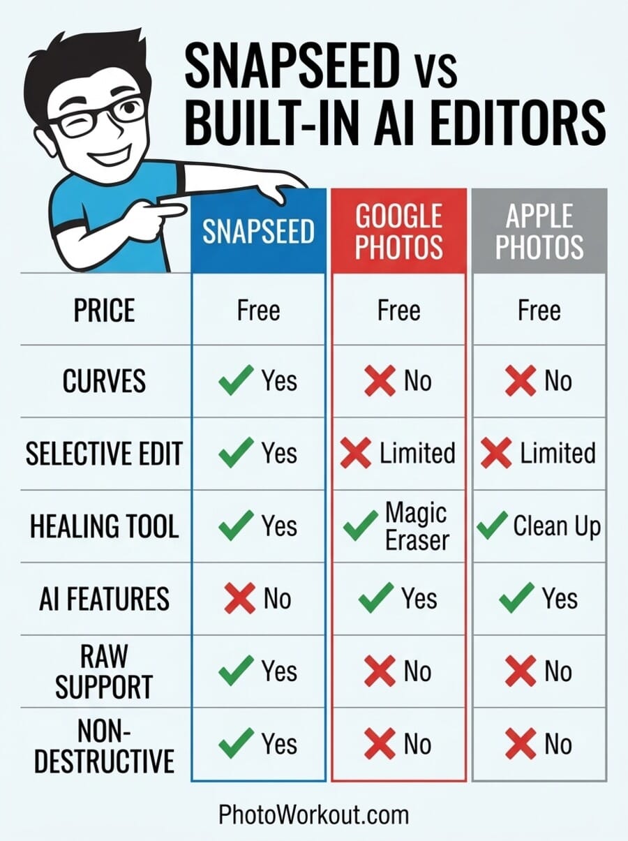 Comparison infographic showing Snapseed vs Google Photos vs Apple Photos features