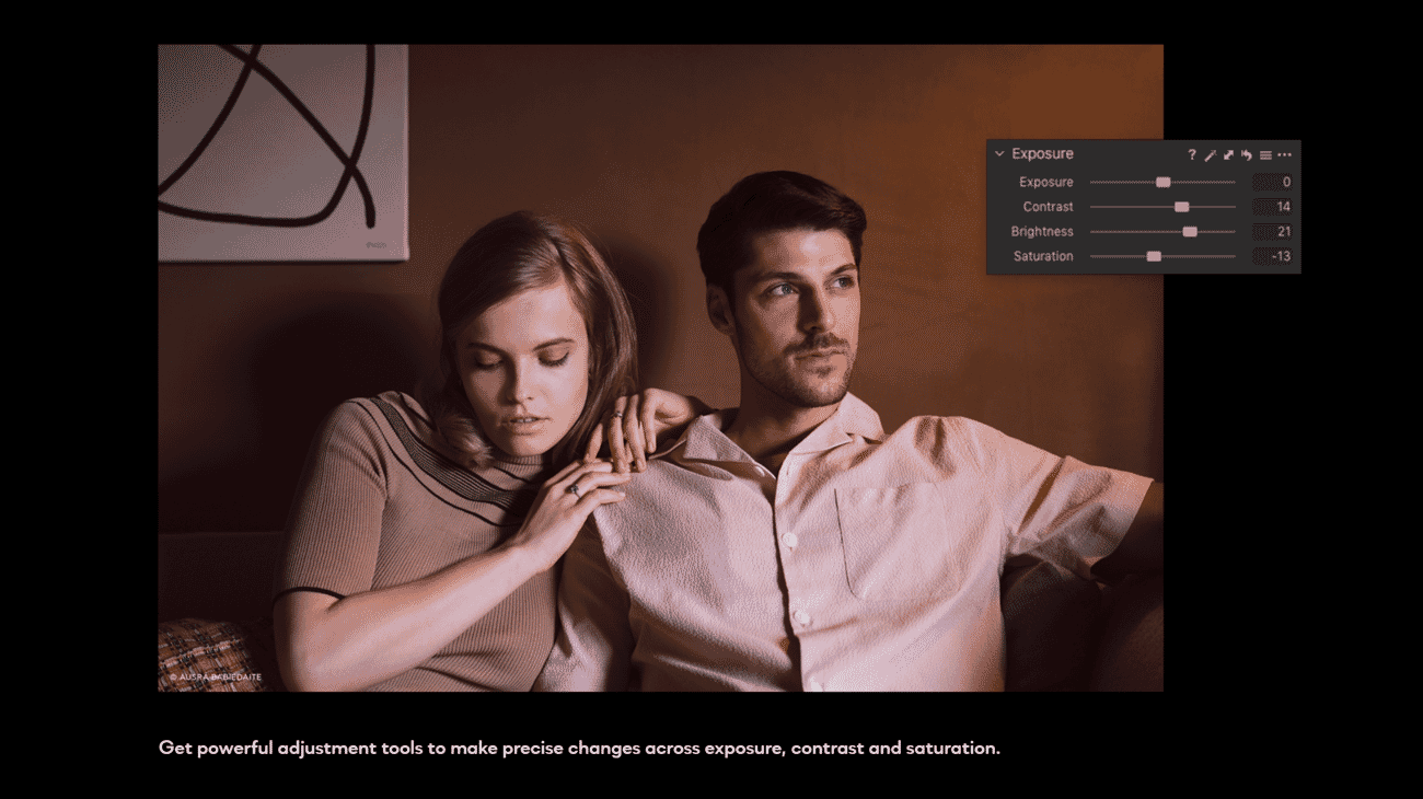 Capture One Pro interface showing an image of a couple with exposure adjustment sliders on the right panel