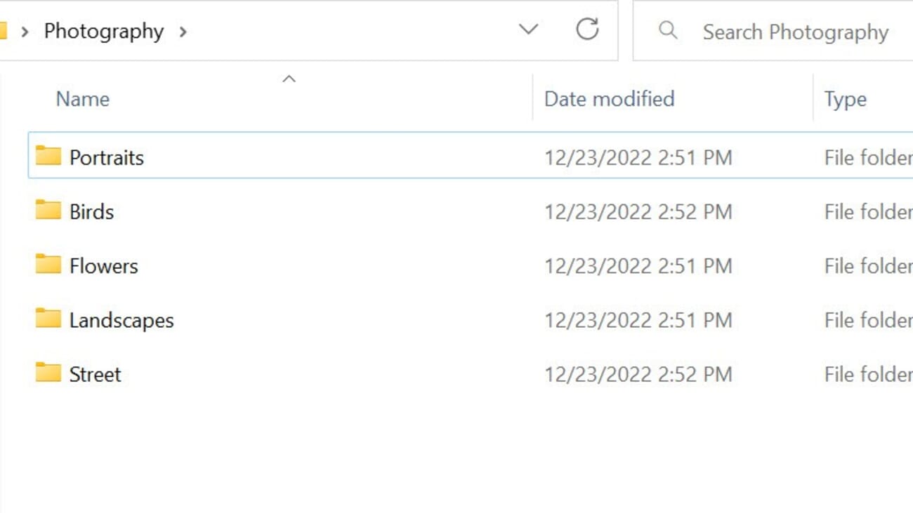 Desktop folder view showing a Photography parent folder with topic subfolders for landscapes, portraits, macro, and street