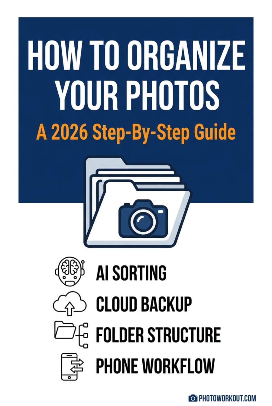 How to Organize Your Photos: A 2026 Step-By-Step Guide — Pinterest infographic summarizing AI sorting, cloud backup, folder structure, and phone workflow