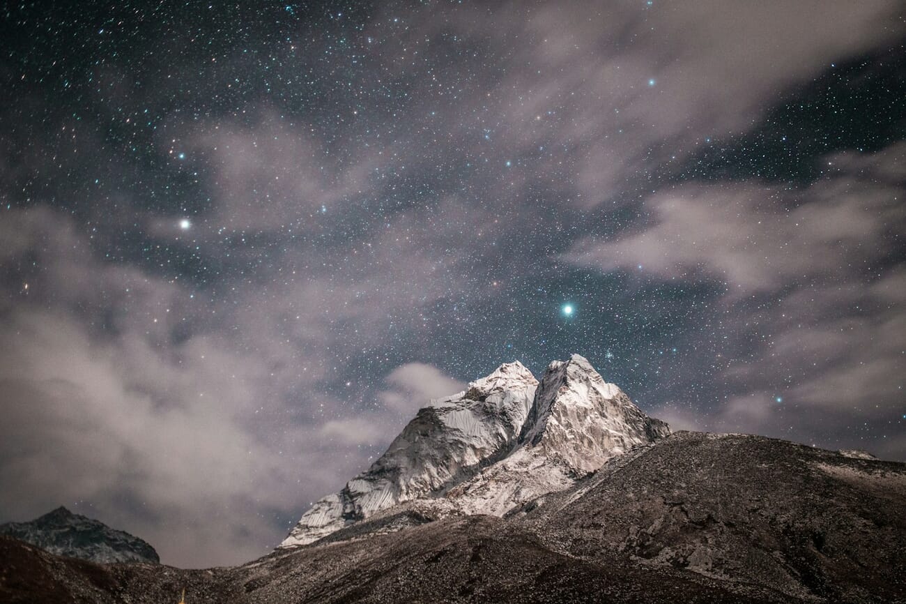 Milky Way over a snow-capped peak captured with a fast lens