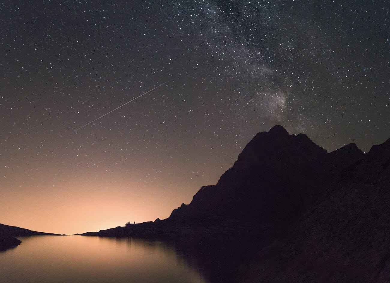 The Milky Way reflected in still mountain water