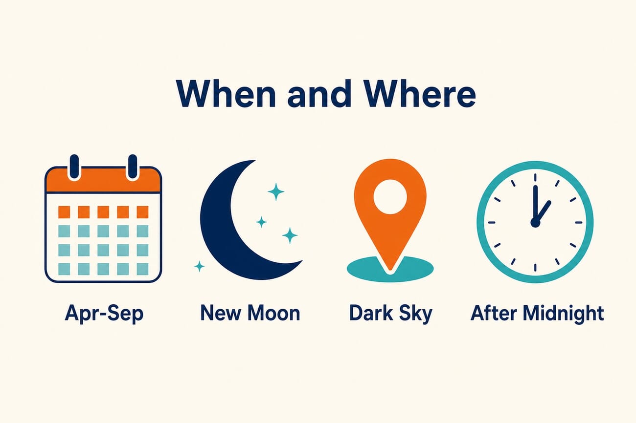 Infographic: when and where to shoot the Milky Way, April to September, new moon, dark sky, after midnight